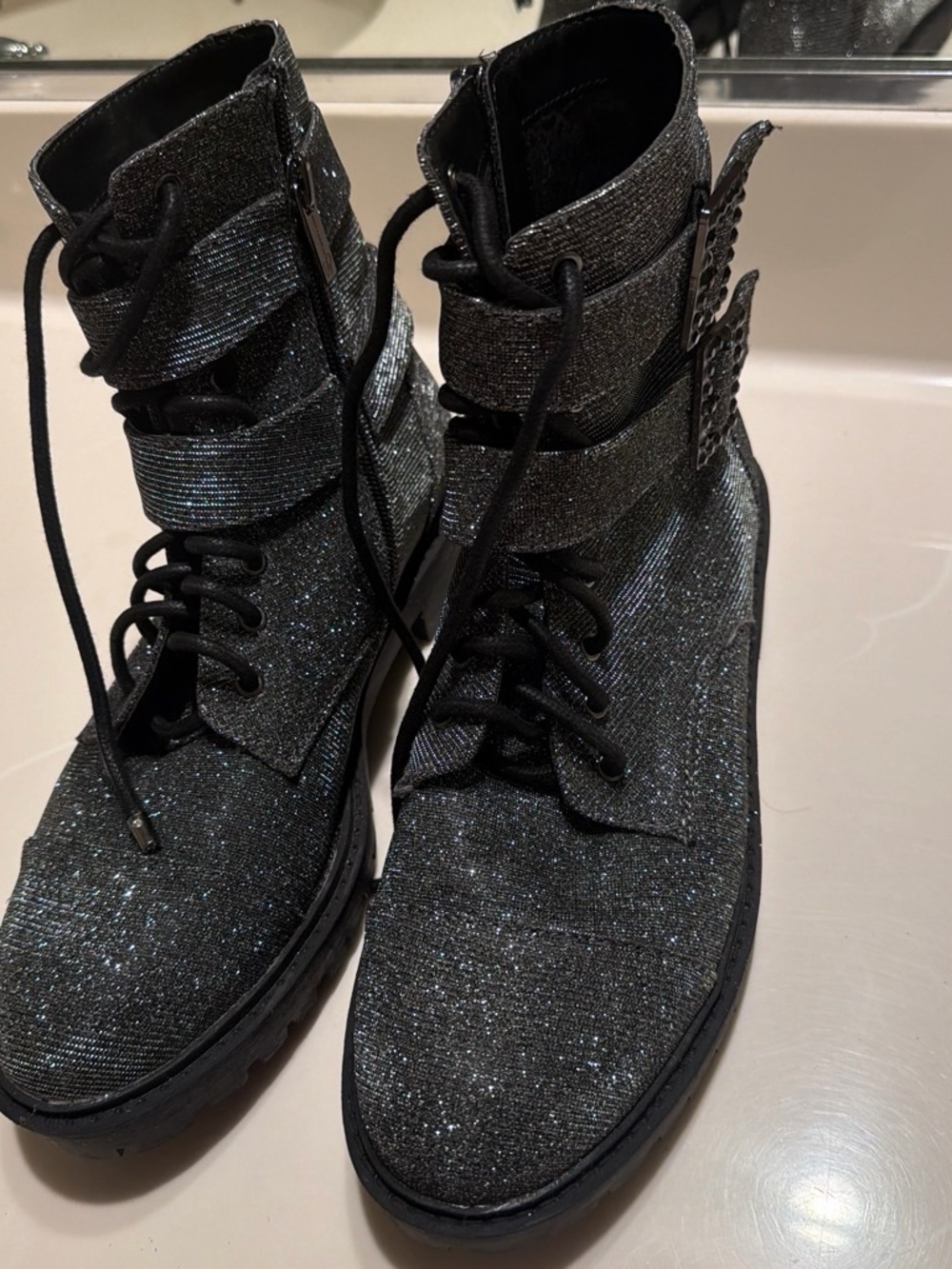 Jessica Simpson Sparkle Lace-Up Combat Boots in Black